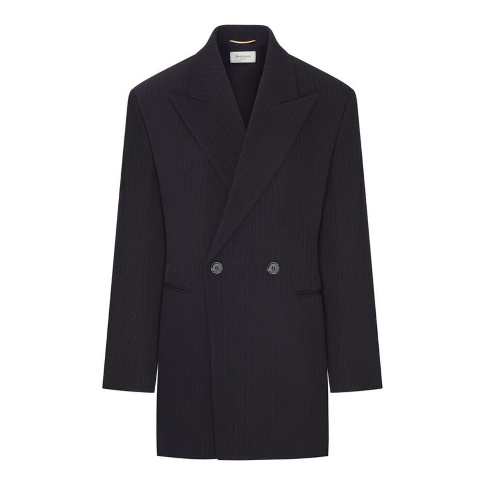 Saint Laurent Women Double-Breasted Pinstriped Mélange Wool Jacket